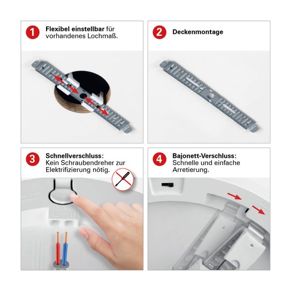 Produktabbildung zur flexiblen Einstellung für vorhandenes Lochmaß, Deckenmontage, Schnellverschluss und Bajonett-Verschluss.