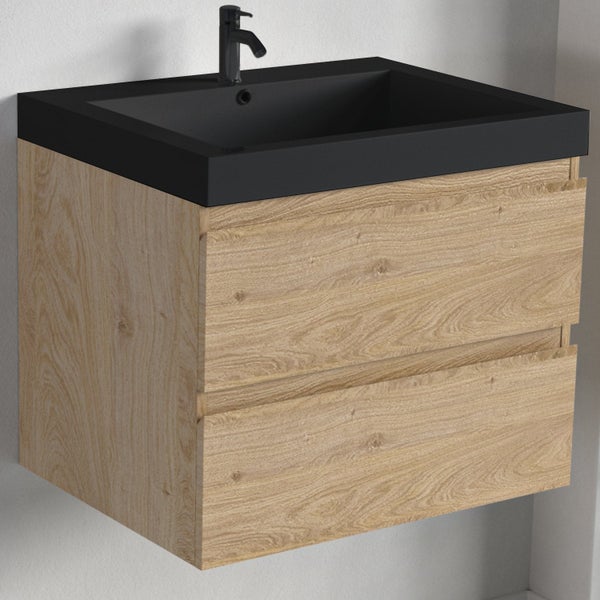 Wandhängender Waschbeckenunterschrank mit zwei Schubladen in Holzoptik, schwarzem Waschbecken und schwarzer Armatur.