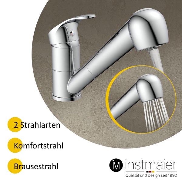instmaier Niederdruck Küchenarmatur K2 | Ausziehbare Brause | Wasserhahn Küche mit 2 Funktionen | Spültischarmatur Chrom | 360° schwenkbar | mit Zentralverschraubung