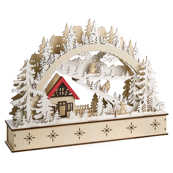 Dekorative Lichterbogen-Weihnachtsdekoration aus Holz mit Winterlandschaft.