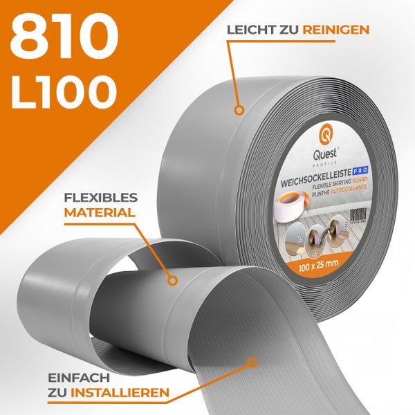 Quest Weichsockelleiste, Breite Sockelleiste 100 x 25 mm, PVC Sockelleiste, Flexibel, Grau, 1 Meter