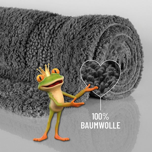 Grauer Badeteppich aus 100 Prozent Baumwolle mit einer Detailansicht der weichen Struktur in Herzform.
