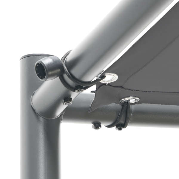 Detailansicht einer Pavillon-Eckverbindung aus Metall mit Stoffdachbefestigung durch elastische Schlaufen und Ösen.