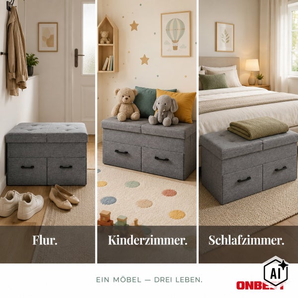 Drei Anwendungsbeispiele einer grauen Sitzbank mit Stauraum und Schubladen im Flur, Kinderzimmer und Schlafzimmer. ONBEST Logo.