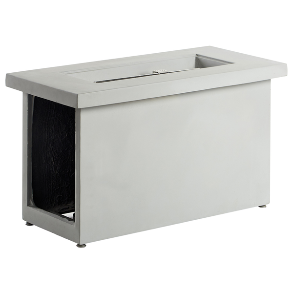 Rechteckige Gas-Feuerstelle in Beton-Optik mit integriertem Brenner und seitlichem Bedienfeld, Beliani Logo.