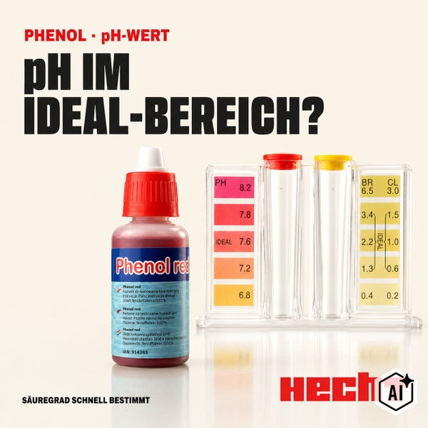 Poolwassertester Set mit Phenol Red Testflüssigkeit und Testgerät zur Bestimmung von pH Wert und Chlorgehalt, Hecht Logo.