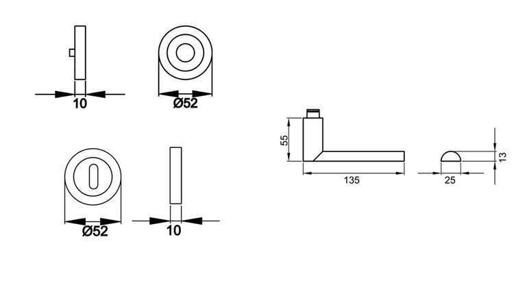 Maßzeichnung eines Türdrückers mit Rosetten: Grifflänge 135 Millimeter, Rosettendurchmesser 52 Millimeter, Tiefe 55 Millimeter.