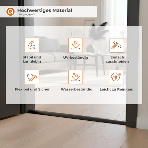 Übergangsprofil mit Informationen zu Stabilität, UV-Beständigkeit, einfacher Anpassung, Flexibilität, Wasserdichtigkeit und leichter Reinigung