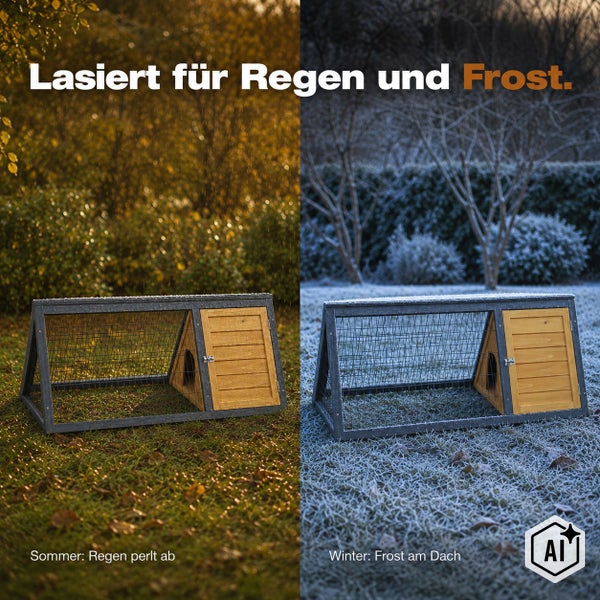 Wetterfestes Kleintiergehege aus Holz mit isoliertem Ruhebereich, im direkten Vergleich bei Regen und Frost für ganzjährigen Einsatz im Garten.