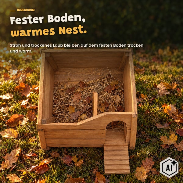 Ein hölzernes Igelhaus mit festem Boden und einer kleinen Rampe vor dem Eingang, gefüllt mit trockenem Laub und Stroh für ein warmes Nest.