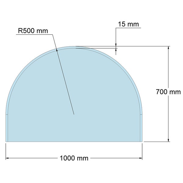 Technische Zeichnung eines Rundbogenfensters mit 1000 Millimeter Breite, 700 Millimeter Höhe, Radius 500 Millimeter und 15 Millimeter Rand.