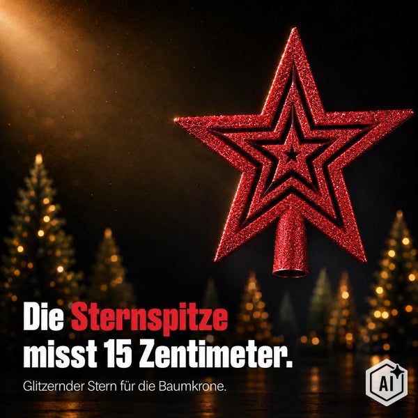 Weihnachtsbaumspitze in Sternform mit Glitzereffekt, 15 Zentimeter hoch, zur Dekoration der Tannenbaumspitze.