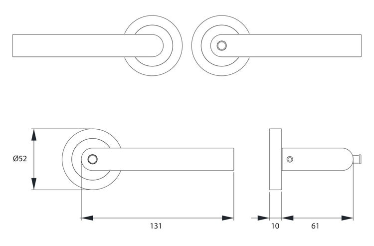 Maßzeichnung eines Türdrückers: Durchmesser 52 Millimeter, Grifflänge 131 Millimeter, Rosettendicke 10 Millimeter, Tiefe 61 Millimeter.