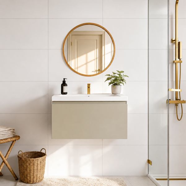 Modernes Badezimmer mit Waschtisch, rundem Spiegel, Armatur in Messingoptik und begehbarer Dusche vor weiß gefliesten Wänden.