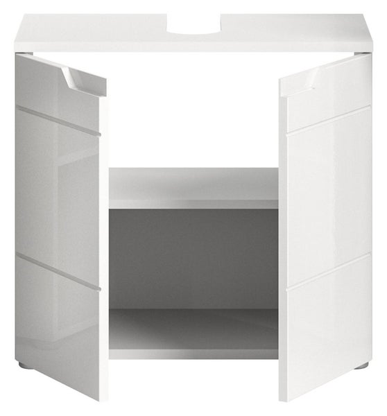 Weißer Waschtischunterschrank mit zwei offenen Türen und zwei Ablagefächern