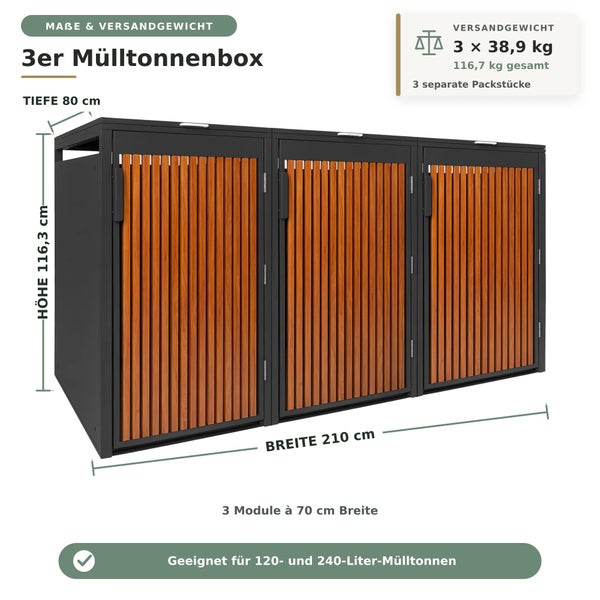 Dreier Mülltonnenbox aus Metall mit Holzlatten, Maße 210 mal 116,3 mal 80 Zentimeter, für 120 und 240 Liter, Versandgewicht 116,7 Kilogramm.