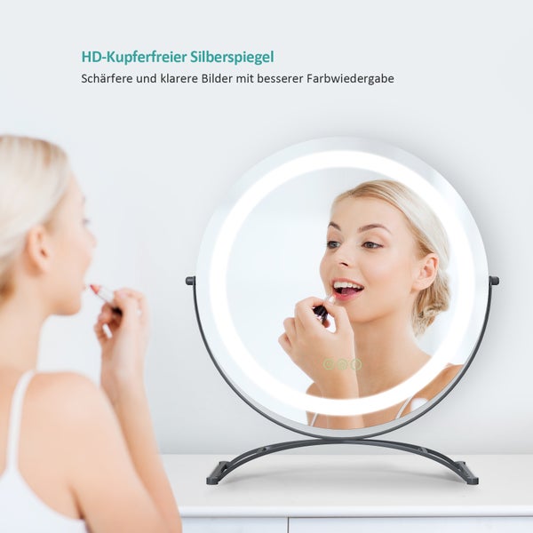 EMKE Kosmetikspiegel mit Beleuchtung ф40cm, Tisch-Standspiegel, mit Touchschalter & Memory-Funktion, 3 dimmbare Lichtfarben, 360° drehbar, bohrfrei, Schwarz