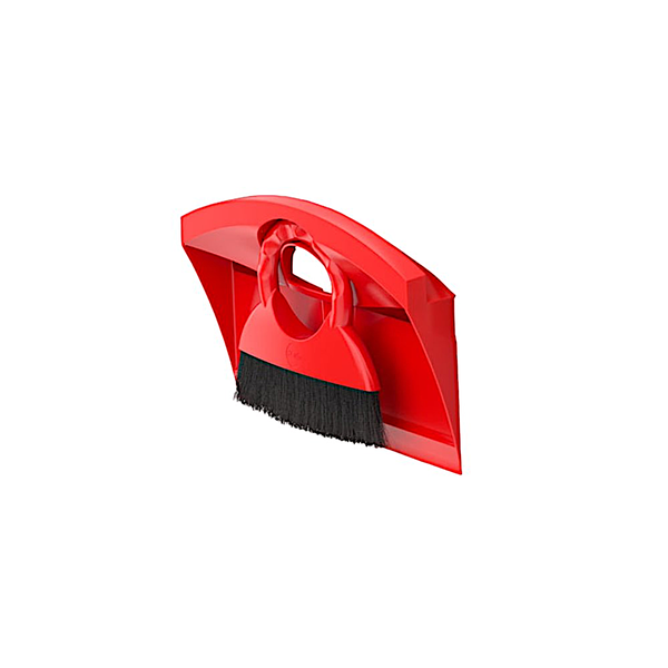 Rotes Kehrset aus Kunststoff bestehend aus Handfeger und Kehrschaufel.