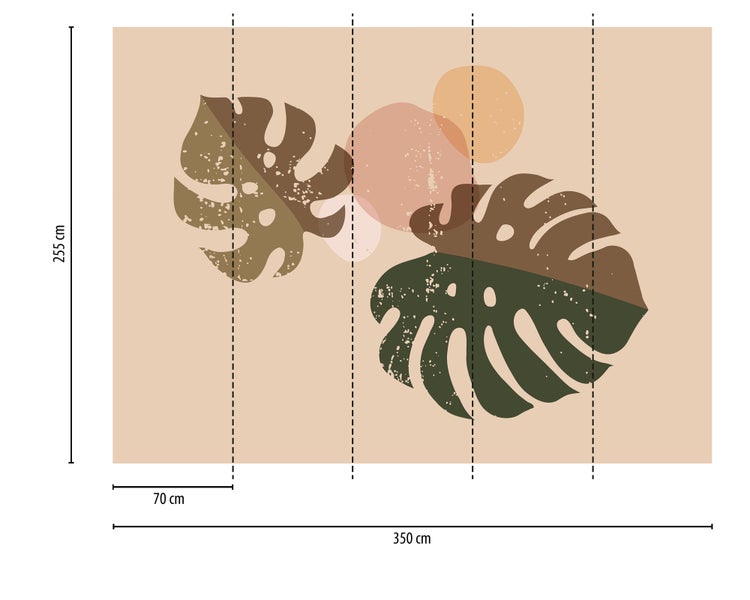 Fototapete mit Monstera-Blättern und abstrakten Kreisen in Erdtönen, Breite 350 Zentimeter, Höhe 255 Zentimeter, 5 Bahnen je 70 Zentimeter.