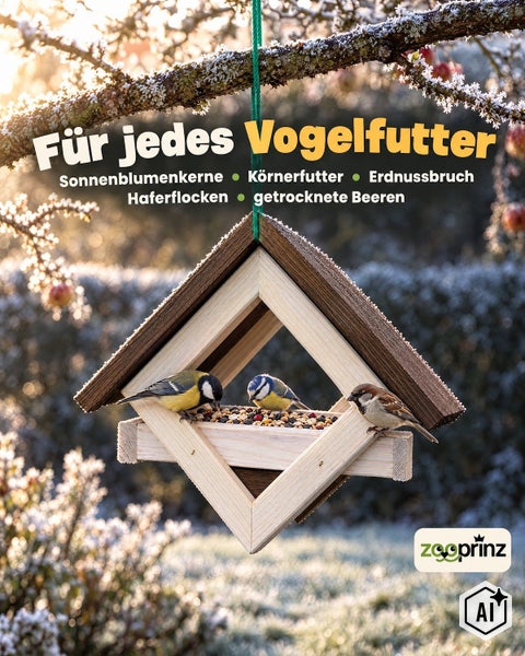 Ein hängendes hölzernes Vogelhaus mit Vögeln im Garten, geeignet für Sonnenblumenkerne, Körnerfutter, Erdnussbruch, Haferflocken und Beeren.
