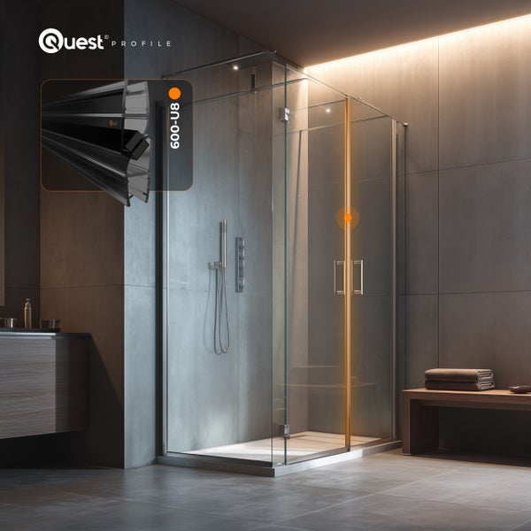 Badezimmer mit Duschkabine aus Glas und Quest Profile Logo