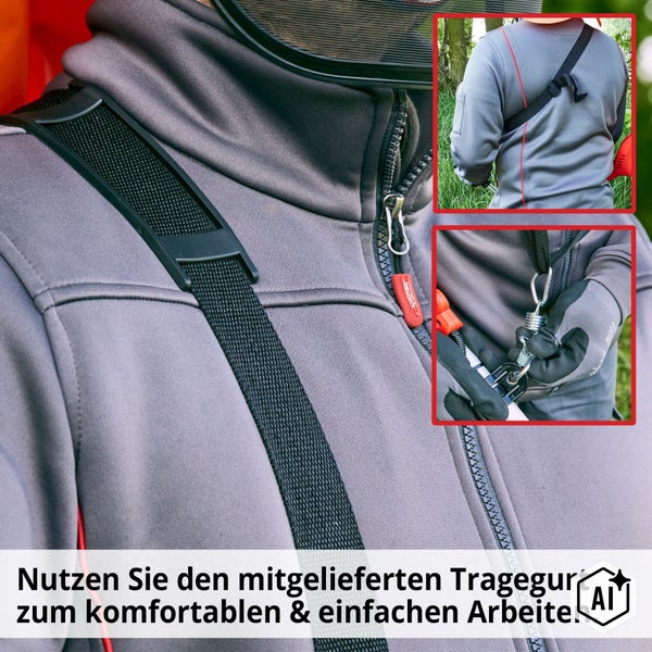 Ein im Einsatz gezeigter Tragegurt für Gartenwerkzeuge mit Schulterauflage und Karabinerhaken zur bequemen Befestigung am Arbeitsgerät.