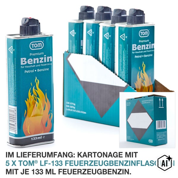 Kartonage mit fünf TOM Feuerzeugbenzin Flaschen zu je 133 Milliliter Inhalt für den Haushalt und Feuerzeuge.