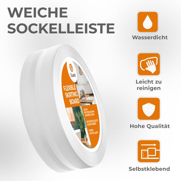 Eine Rolle weiße, flexible Sockelleiste, wasserdicht, leicht zu reinigen und selbstklebend.