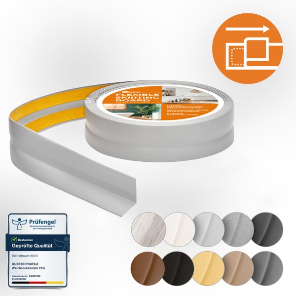 Quest Weichsockelleiste Selbstklebend 25 x 15 mm, PVC, Flexibel, Grau, 5 Meter