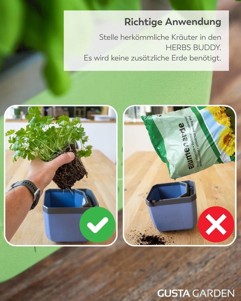 Anleitung zur korrekten Anwendung des Kräutertopfes mit Kräuterpflanze und Vergleichsbild mit Blumenerde