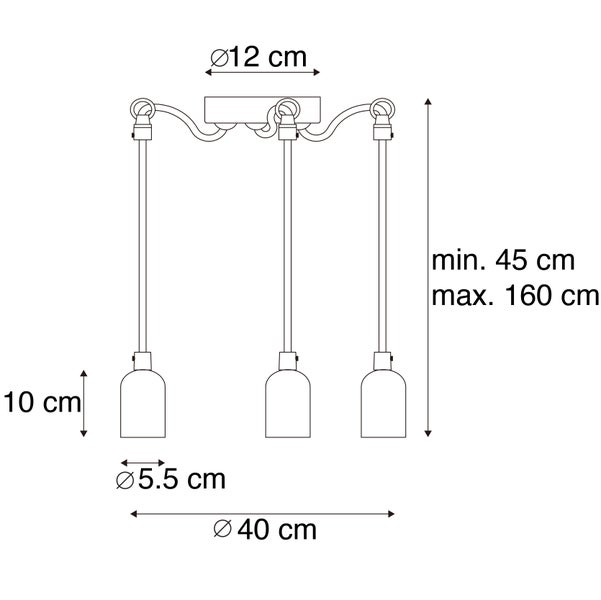 Technische Zeichnung einer Pendelleuchte mit drei Lampen und den zugehörigen Maßen.