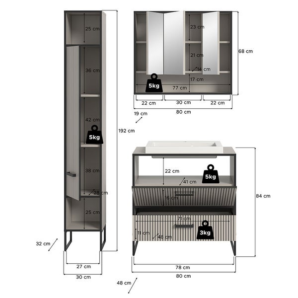 Bagno Badmöbelset 3 Teile inkl. Waschbecken hellgrau, cremefarben. 125 X 48 X 192 cm
