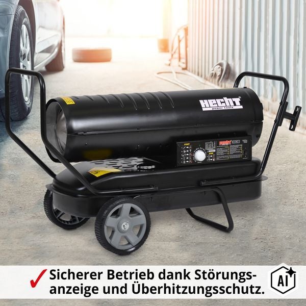 Hecht Ölheizgebläse mit Fahrgestell zur Beheizung von Werkstätten oder Baustellen mit Störungsanzeige und Überhitzungsschutz.