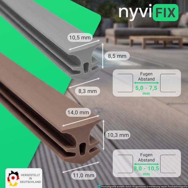 nyviFIX Fugenprofil für Terrassendielen zur Abdichtung mit Maßangaben für verschiedene Fugenabstände.