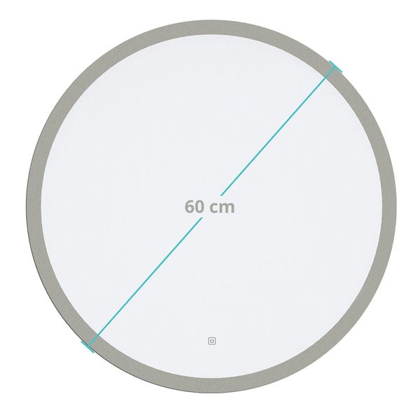 Runder Wandspiegel mit LED Beleuchtung und einem Durchmesser von 60 Zentimetern.