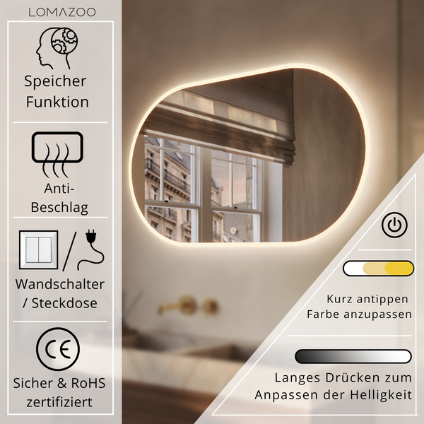 Lomazoo Badezimmerspiegel mit LED Beleuchtung, Anti Beschlag Funktion, Memory Funktion und dimmbarer Helligkeit.