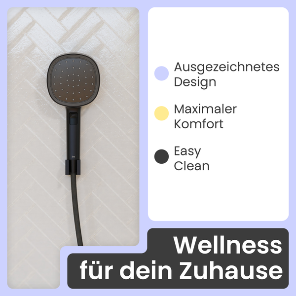 Moderne Handbrause in einem Badezimmer mit Hinweisen zu Design, Komfort und einfacher Reinigung sowie Werbeslogan Wellness für dein Zuhause