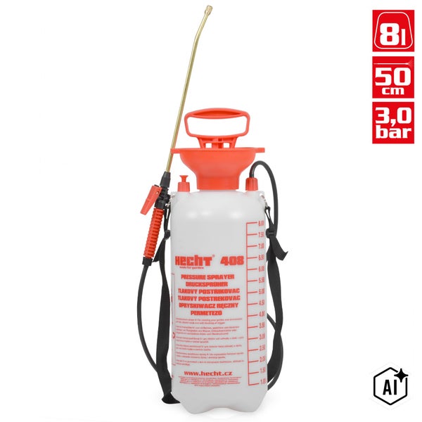 Hecht Drucksprüher 408 mit 8 Liter Behältervolumen, 50 cm Sprührohr und 3 bar Betriebsdruck zur Gartenbewässerung und Unkrautbekämpfung.