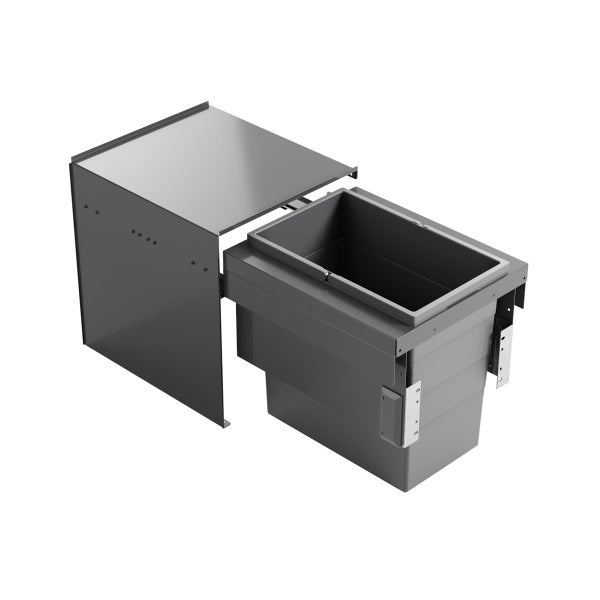 Ausziehbares Abfalltrennsystem in Grau für Küchenunterschränke mit einem Müllbehälter und stabiler Metallhalterung.