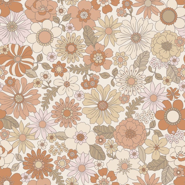 ESTAhome Tapete Retro Blumen Terrakotta und Hellbeige - 53 cm x 10.05 m - 131247