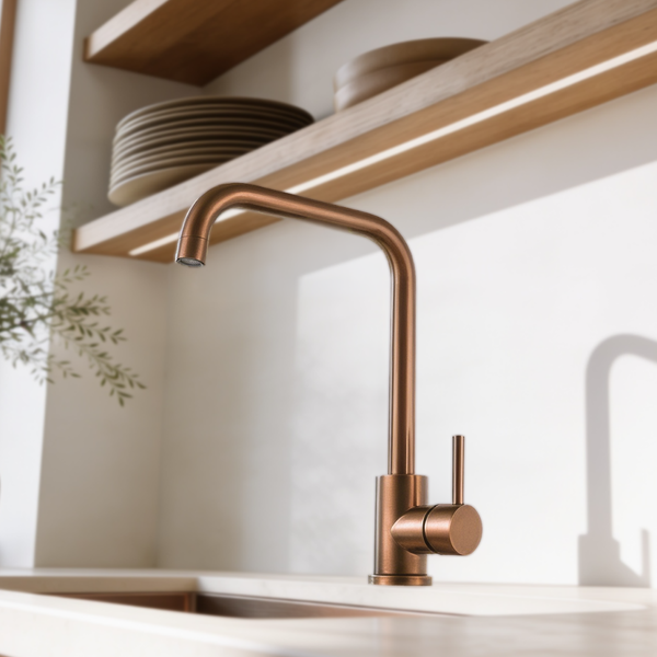 Moderne Küchenarmatur in Kupferoptik vor einer hellen Küchenrückwand mit Holzregalen