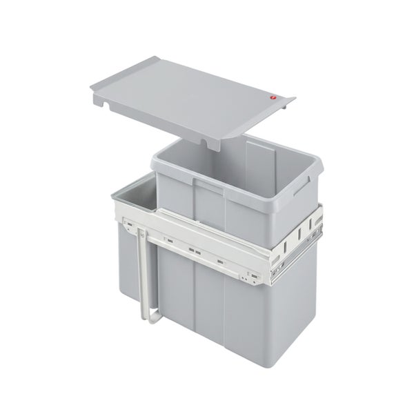 Einbau-Mülltrennsystem zum Ausziehen für Küchenschränke mit zwei grauen Abfalleimern, Metallrahmen und Deckel.