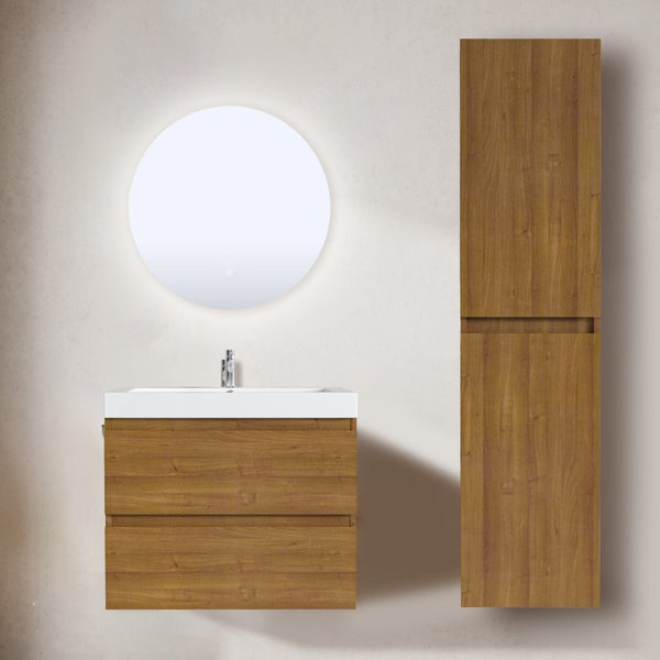 Modernes Badezimmermöbel-Set in Holzoptik mit Waschbeckenunterschrank, weißem Waschtisch, rundem beleuchtetem Spiegel und Hochschrank.