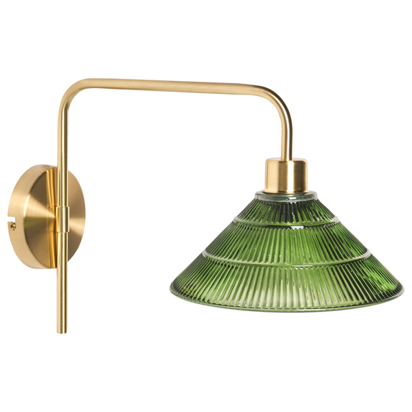 Wandleuchte mit grünem Glasschirm und goldfarbener Halterung