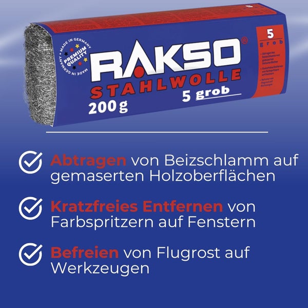 Rakso Logo, Stahlwolle 5 grob, 200 Gramm. Geeignet für Holzoberflächen, Fenster und Werkzeuge. Qualitätssiegel Hergestellt in Deutschland.