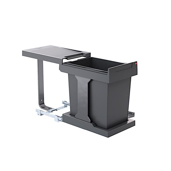Ausziehbarer Einbaumülleimer für Küchenschränke mit einem Abfallbehälter und feststehendem Deckel aus Kunststoff und Metall in Anthrazit.