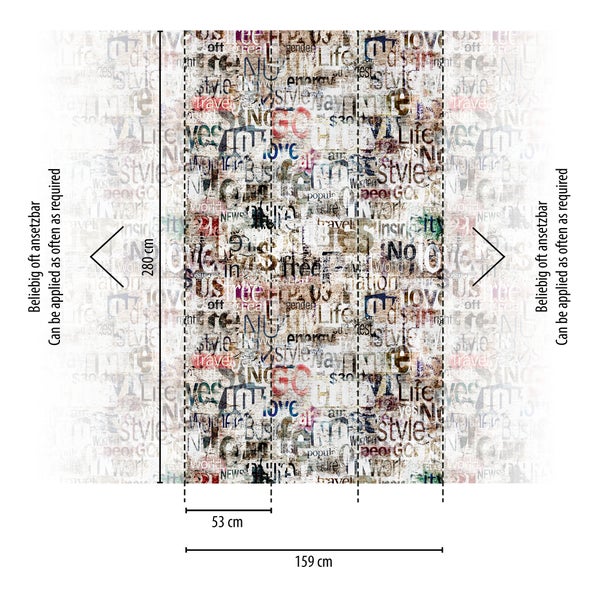 Vliestapete mit Typografie Collage, Höhe 280 Zentimeter, Breite 159 Zentimeter aus drei Bahnen zu je 53 Zentimeter, beliebig oft ansetzbar.
