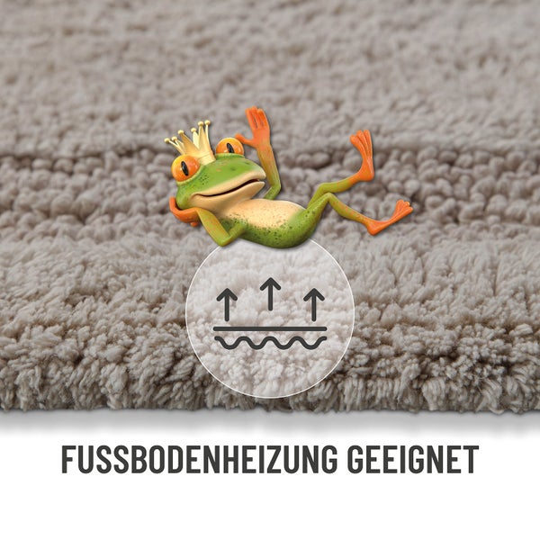 Weicher Hochflor-Teppich mit Hinweis auf Eignung für Fußbodenheizung.