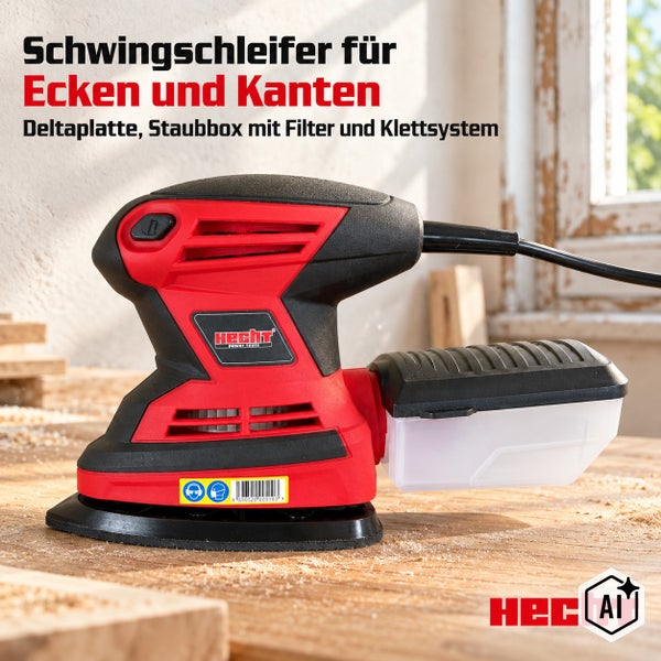 Exzenterschleifer mit 200 Watt Leistung, 15000 Umdrehungen pro Minute Leerlaufdrehzahl und Staubfangbox zur Holzbearbeitung in der Werkstatt.