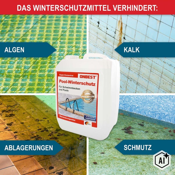 Kanister mit ONBEST Pool Winterschutzkonzentrat zur Vermeidung von Algen, Kalk, Ablagerungen und Schmutz im Schwimmbecken über den Winter.